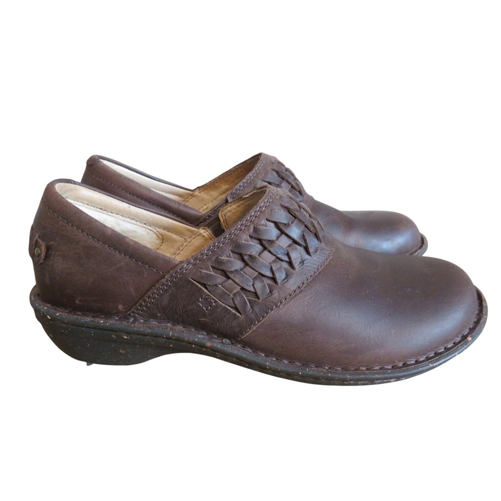 UGG Australia Anila Brown Leather Woven Vamp Clogs Wool Lined Womens 8